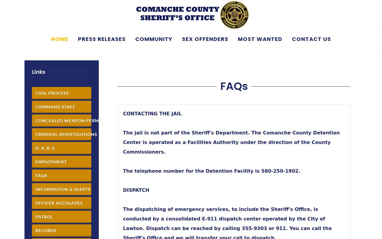 Comanche County booking record custody source from Sheriff FAQ