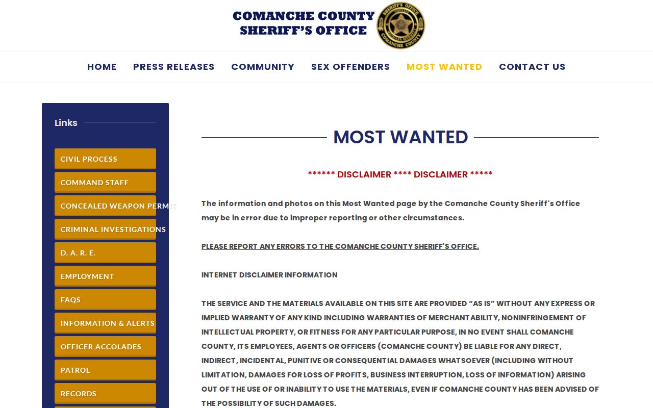Comanche County most wanted warrant record source